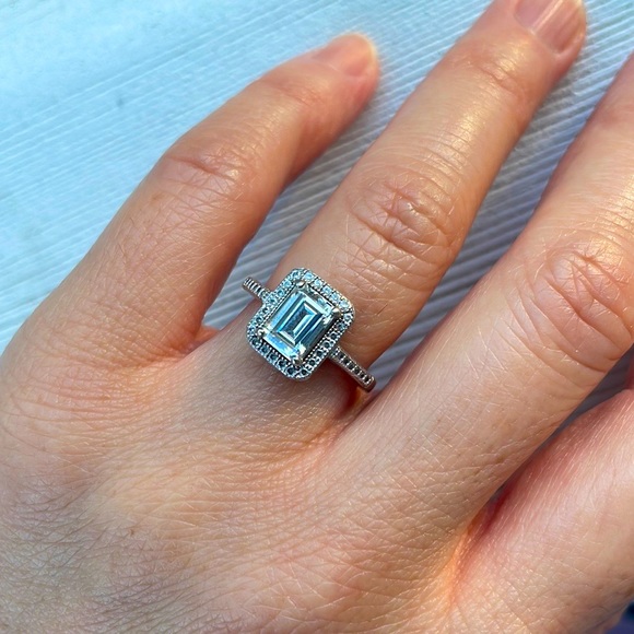 Emerald cut halo pave set simulated Diamond engagement ring. Size 4 - Picture 1 of 3